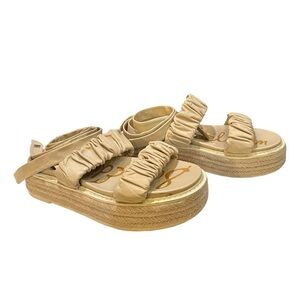 Sam Edelman Nude Platform Espadrille Sandals Size 8 Ruched Straps Ankle Wrap